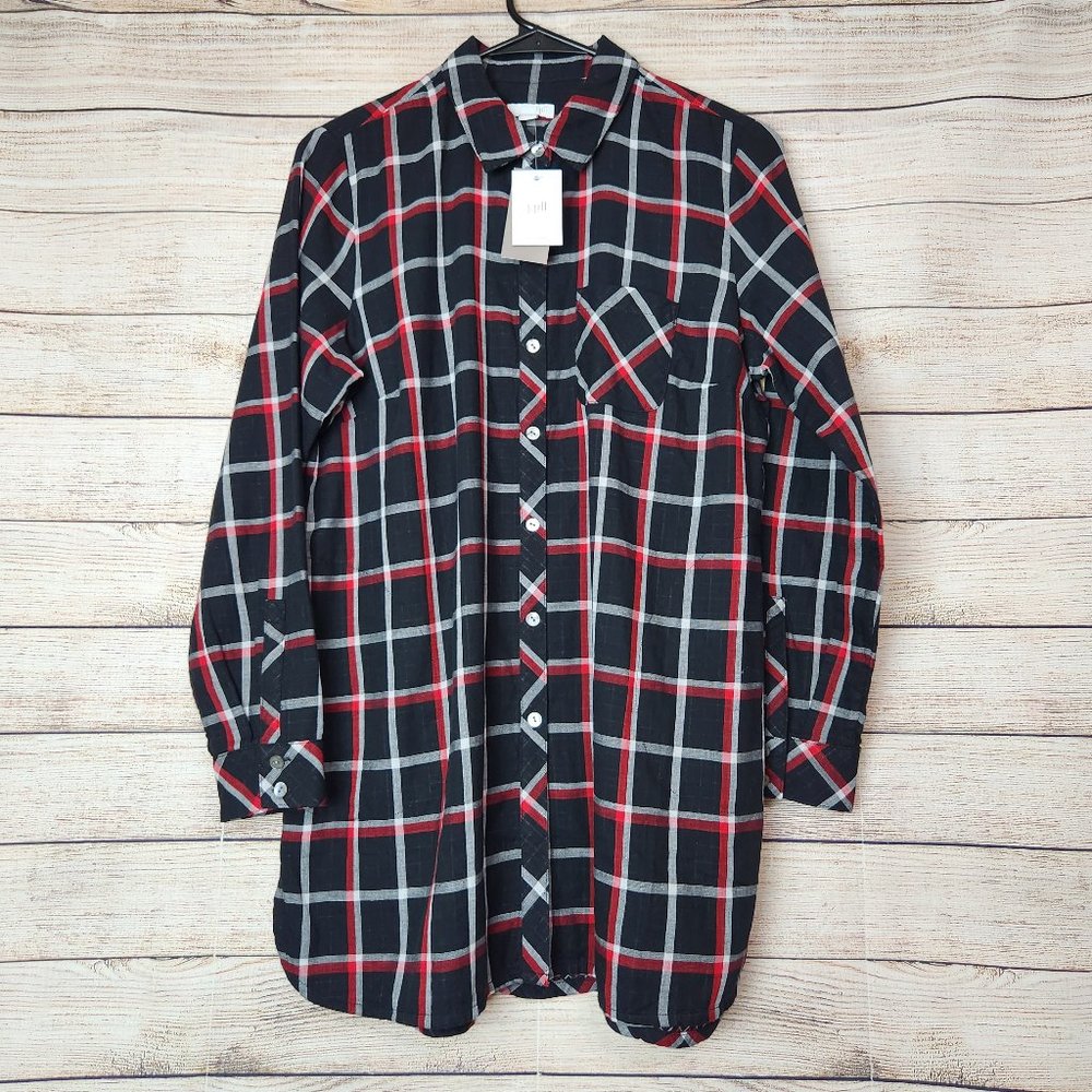 NWT J Jill Women's Plaid Button Down Shirt Black Size S/P Pocket Casual